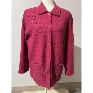 Alfred Dunner pink 100% wool Embroidered sweater jacket button front M